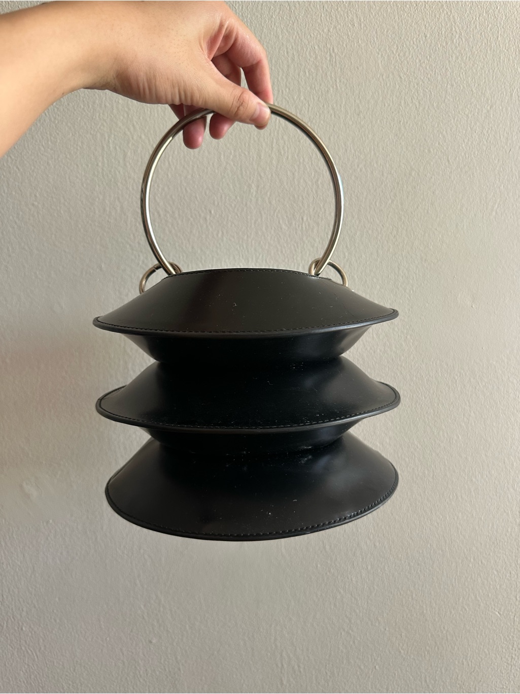 Modern Black Tiered Tote With Metal Ring Handle
